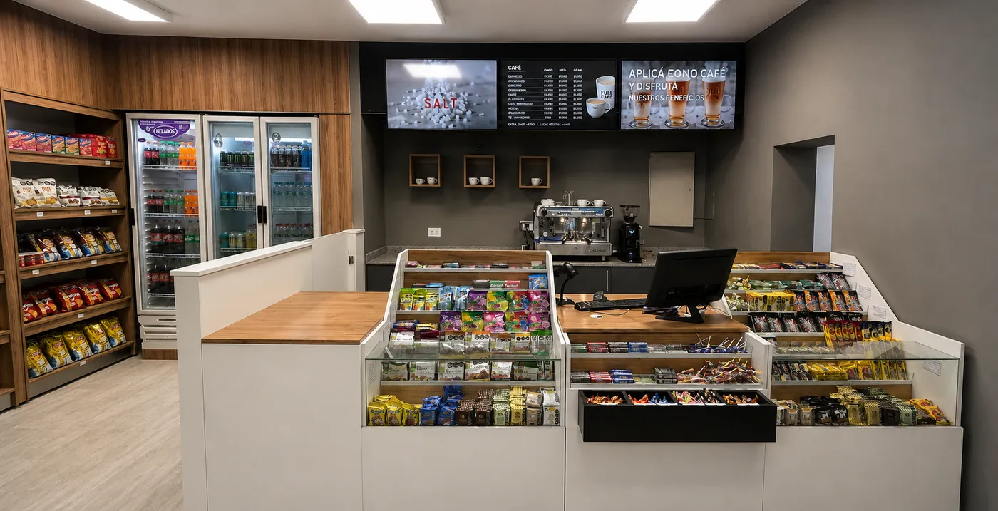 Interior de la tienda Full con góndolas de productos